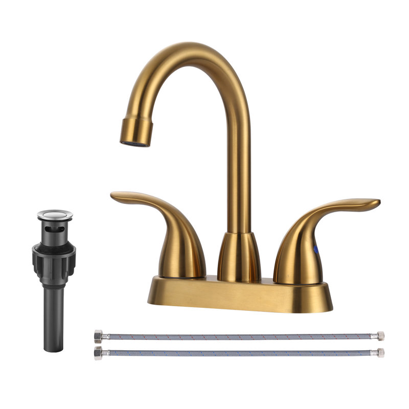 4 po Robinet pour salle de bain à centre à deux poignées à centre à petite arche avec drain escamotable, Doré