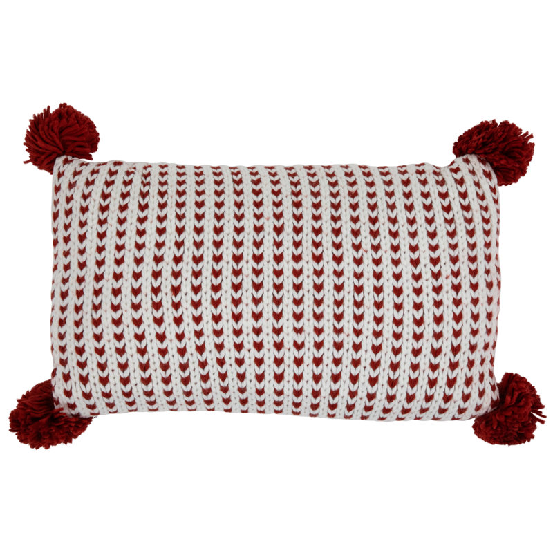 Coussin décoratif 19,5 po en tricot blanc et rouge avec pompons, Rectangle H 12 po x l 19,5 po, Pois blancs