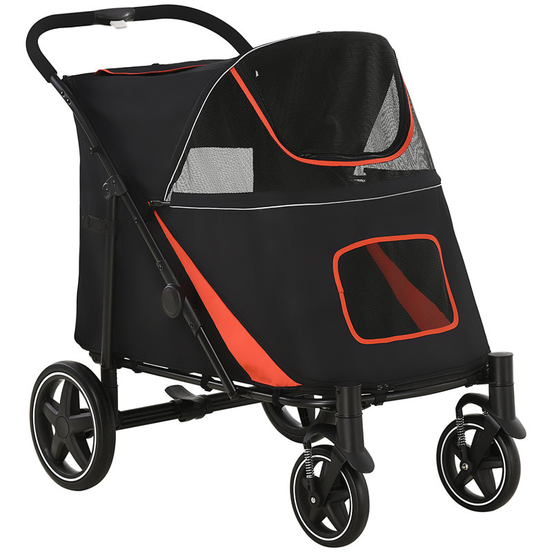 Foldable Standard Stroller Pet Stroller with Storage Smooth Ride with Shock Absorption, Black/Red