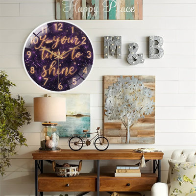 Gold Glitter Wall Clock Your Time to Shine Inspirational Quote Art - 12'' Modern Glass Wall Clock