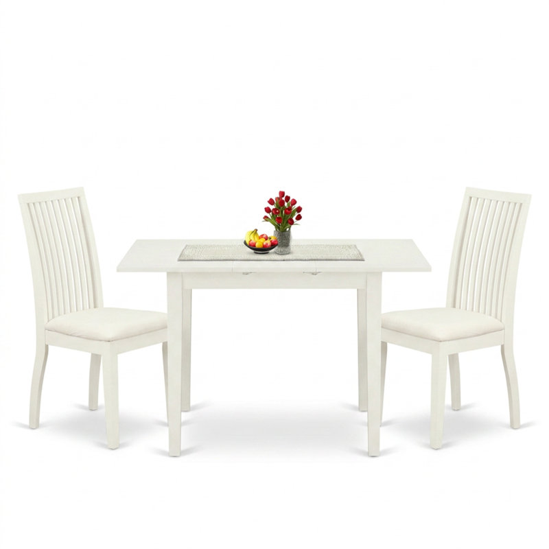 Ensemble de salle à manger rectangulaire 3 pièces en bois d'hévéa asiatique blanc et tissu lin, avec rallonge papillon et chaises à dossier à lattes rembourrées.