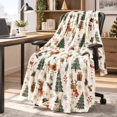 Cozy Christmas Reindeer Snowman Tree Fleece Blanket, Warm Plush Bedding for Sofa Couch Bedroom Living Room Holiday Home Decor
