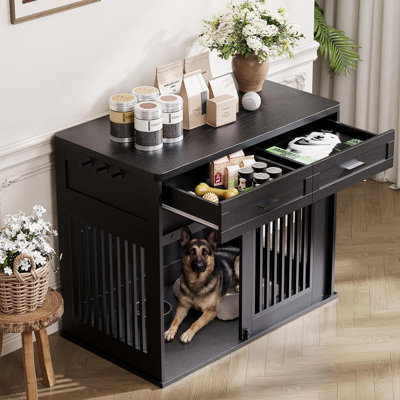 44.5" Dog Crate Furniture with Storage Drawers, Wooden Dog Kennel End Table with Sliding Barn Door, Farmhouse Pet Crate for Medium & Large Dogs