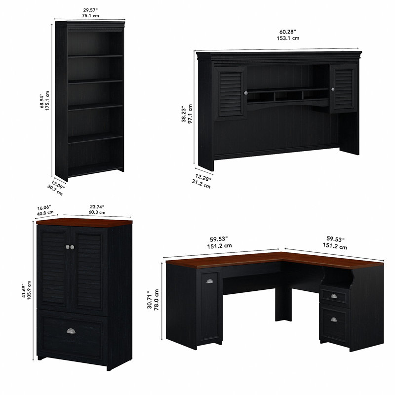 Huckins 4 Piece Computer Desk Office Set, Antique Black/Hansen Cherry