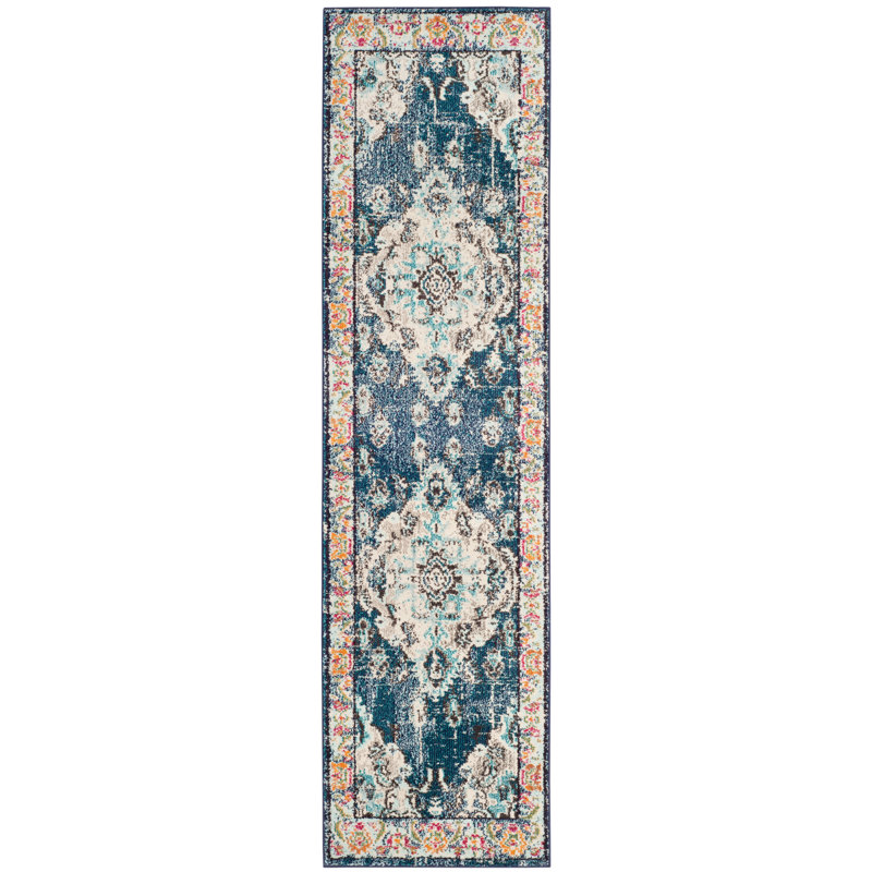 Almyra Oriental Area Rug, Runner 2'2" x 12', Navy/Light Blue