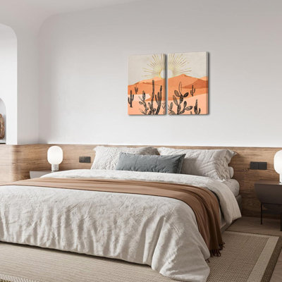Boho Wall Art Canvas Cactus Desert Mountain Range Painting Prints Modern Southwest Boho Cactus Wall Decor - 16"x24"x2PCS (Orange)