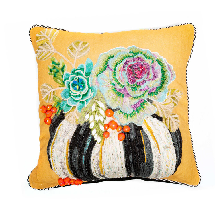 Knit Pumpkin Square Throw Pillow With Fringe