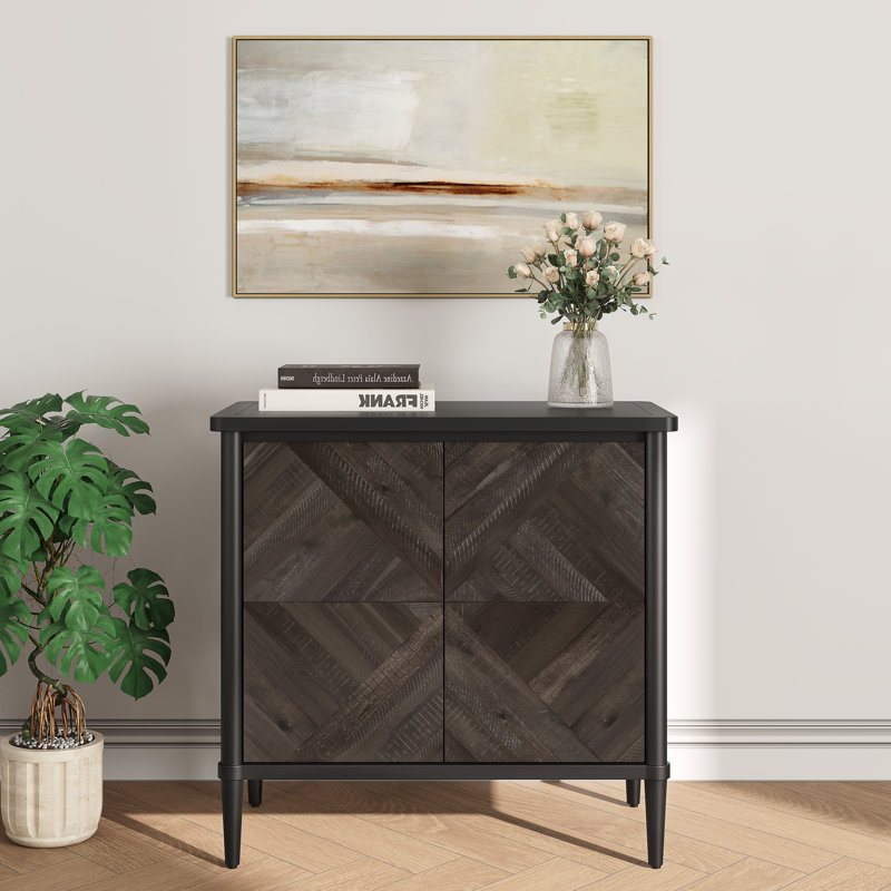 Cartlin 31.5" Mid-Century Accent Cabinet with Chevron Doors - Solid Acacia, Mystic Black, Mocha