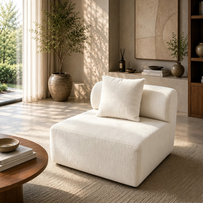 Canapé d'angle modulaire en chenille blanche - Grande assise sans accoudoirs