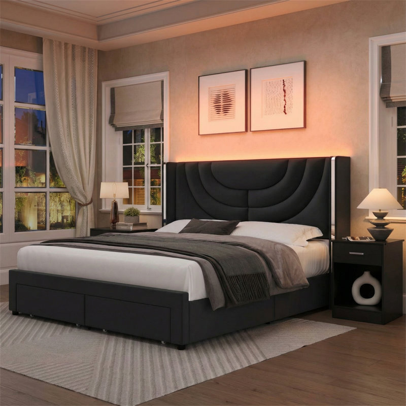Ensemble de chambre à coucher 3 pièces, lit tapissier à lumière ambiante avec 2 tiroirs et 2 tables de chevet classiques
