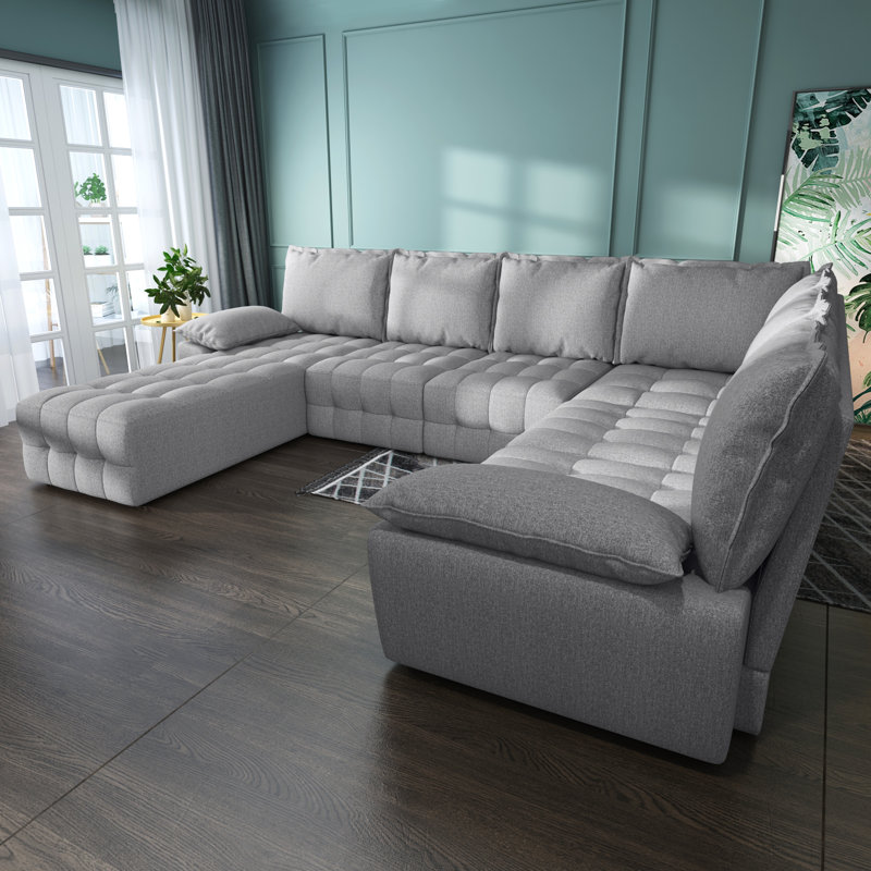 Canapé modulaire 7 pièces Liubomila, 100 % polyester gris clair, Accoudoir à gauche (vu de face)