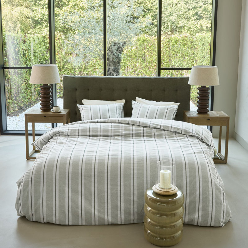 Housse de couette rayée vert Silvan, Housse de couette pour grand lit + 2 taies décora