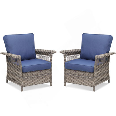 Ensemble de 2 chaises longues d'extérieur en osier gris avec coussins bleus pour patio ou terrasse