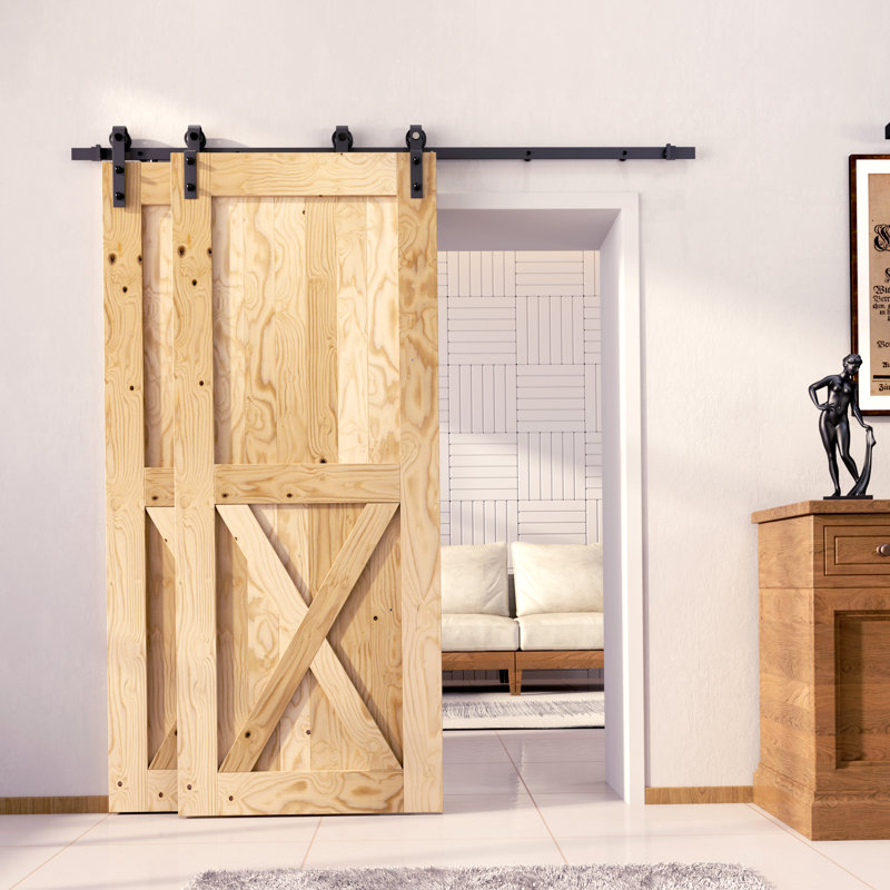 Deux portes de grange en bois de pin massif non fini / non assemblé avec quincaillerie de dérivation à rail simple noir