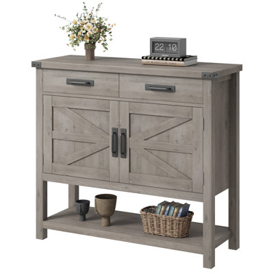 Farmhouse Console Table with 2-Door Cabinet and 2 Drawers,Gray Wood Coffee Bar Cabinet for Kitchen, Dining Room, Living Room, Entryway