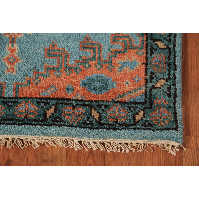 Tapis de couloir indien bleu à motif géométrique traditionnel 3 x 9