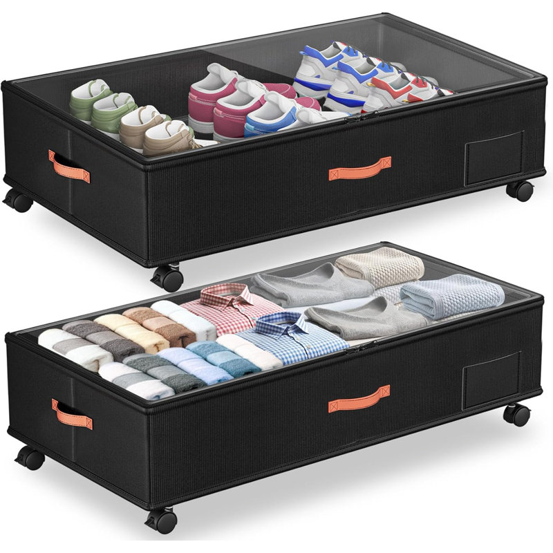 Under Bed Storage with Wheels,2-Pack Under Bed Storage Containers with Clear Lids,Black