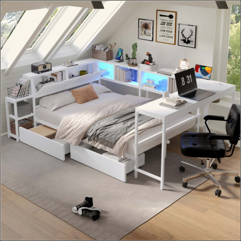 Cadre de lit d'angle avec bibliothèque et 2 tiroirs de rangement sous le lit, lit moderne avec lumière DEL et station de charge, interchangeable gauche et droite