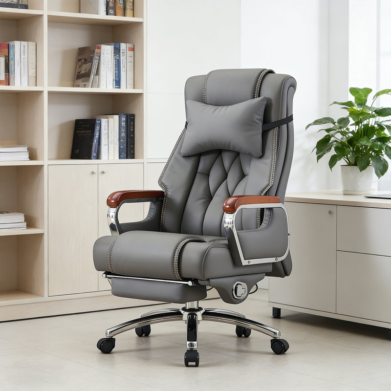 Chaise de bureau en cuir véritable gris foncé avec repose-pieds et repose-tête