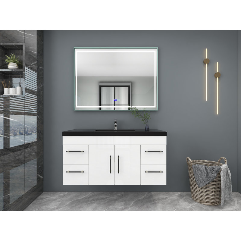 Ensemble de meuble-lavabo mural simple 48 po Campbell-Josh, Blanc très luisant, Noir mat