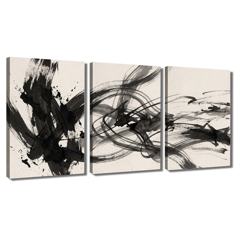 Encre de Chine, ensemble de 3 impressions sur toile à coups de pinceau abstraits, 16 * 24 pouces * 3