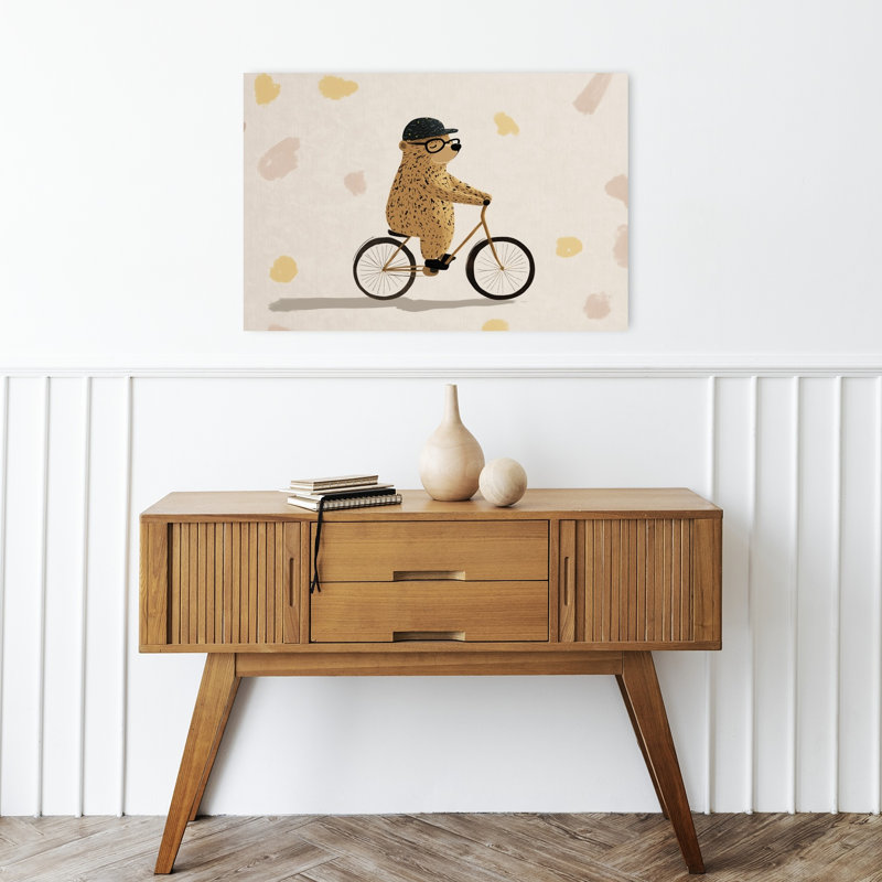 Ours sur un vélo, impression d'artiste minimaliste ludique, H 16 po x l 24 po