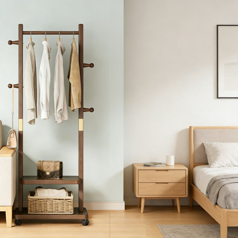 Solid Wood Freestanding Coat Rack With 2 Storage Shelves, 5 Hooks & Hidden Wheels - Heavy Duty Rolling Clothing Stand For Entryway, Bedroom Or Corner