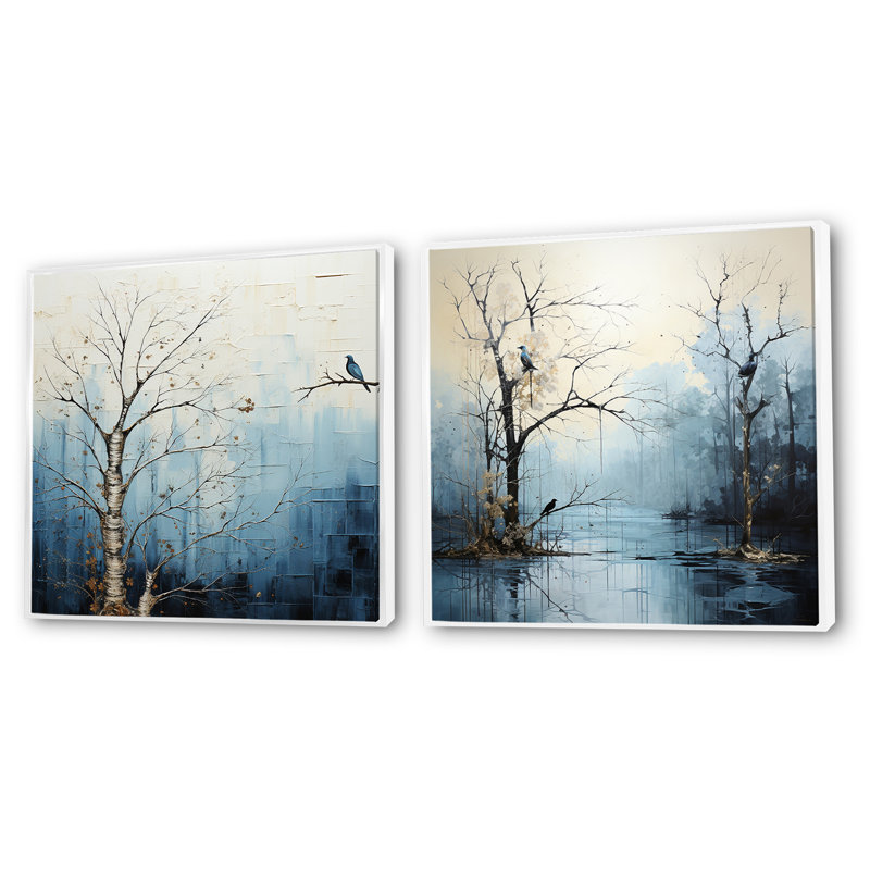 Minimalisme, arbre bleu, charme III - arbres, ensemble de 2 collages carrés, Cadre flottant blanc, H 16 po x l 33 po