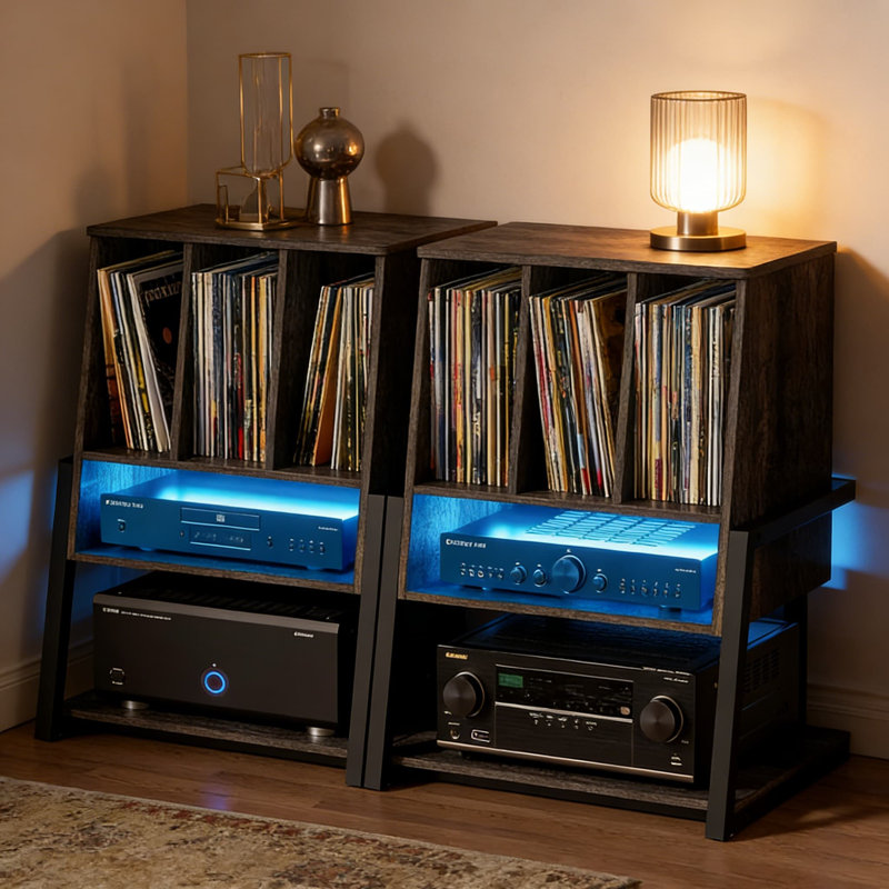 3-Tier Vinyl Record Storage Cabinet With Power Outlet & Smart LED, Turntable Stand For 200+ Albums, 22-Inch Media Station With Wood Dividers, Modern End Table For Small Spaces
