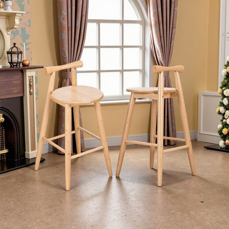 Paquet de 2 tabourets de bar en bois d'hévéa avec dossier à barres transversales pour les repas à l'intérieur et les comptoirs