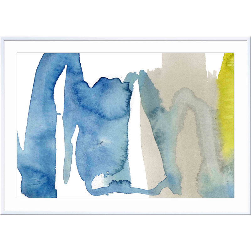 «Indigo and Citron I» par Jennifer Goldberger - peinture encadrée, H 32 po x l 48 po, Blanc