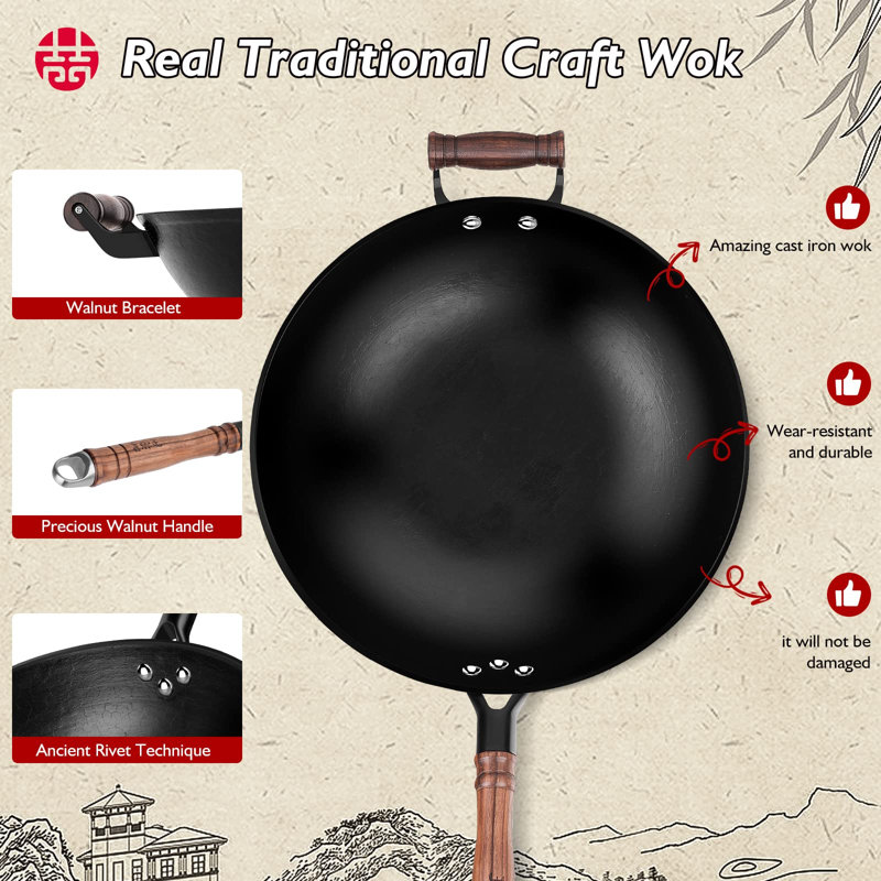 Handcrafted Black Cast Iron Wok with Wooden Lid