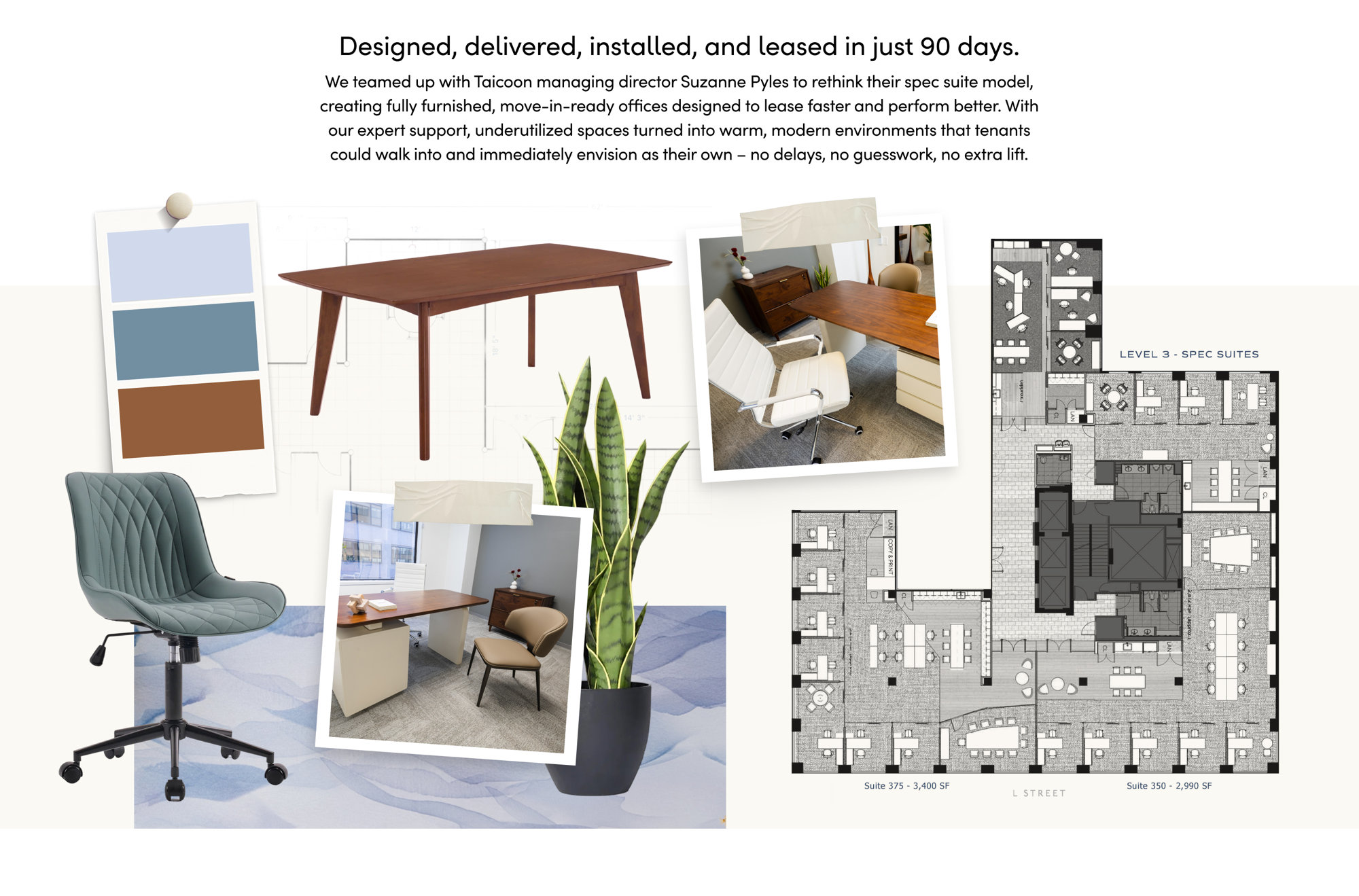 Design elements collage featuring color swatches, office furniture including chairs and desks, floor plans, and office interior photos with the headline Designed, delivered, installed, and leased in just 90 days