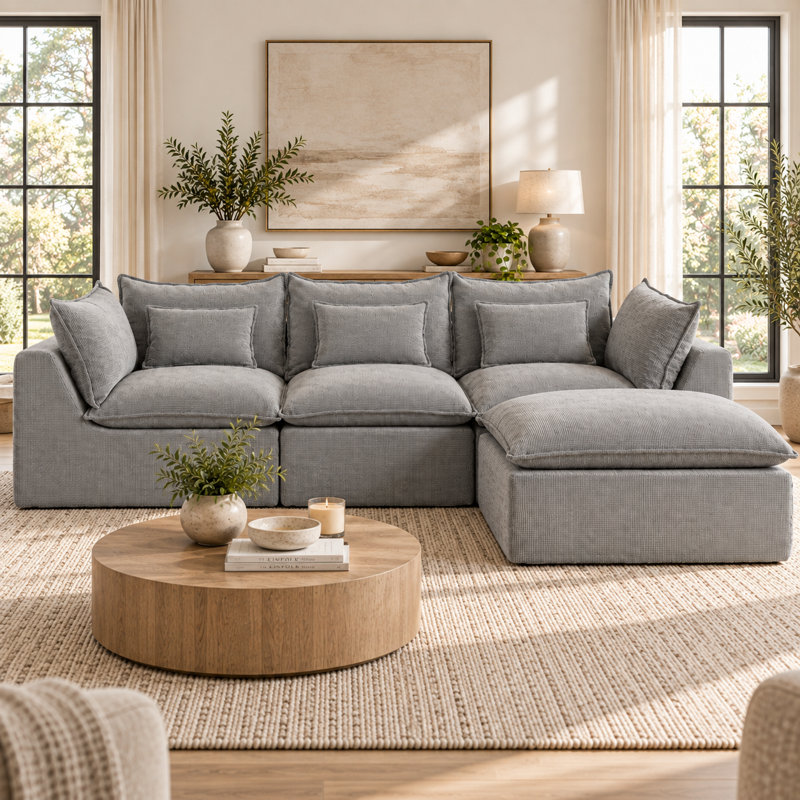 Canapé d'angle modulaire surdimensionné Cloud de 260 cm (102,3 po), canapé profond 3 places avec pouf amovible, canapé à assise large en tissu gaufré pour salon