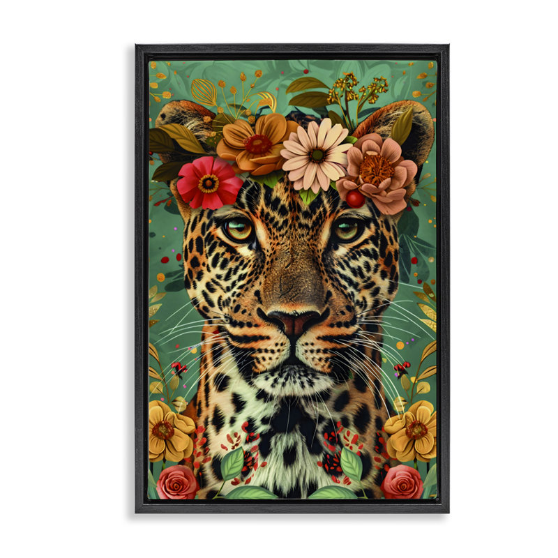 Art floral encadré floral sur toile guépard, design par LSR Design Studio, H 31 po x l 21 po, Cadre flottant noir de jais