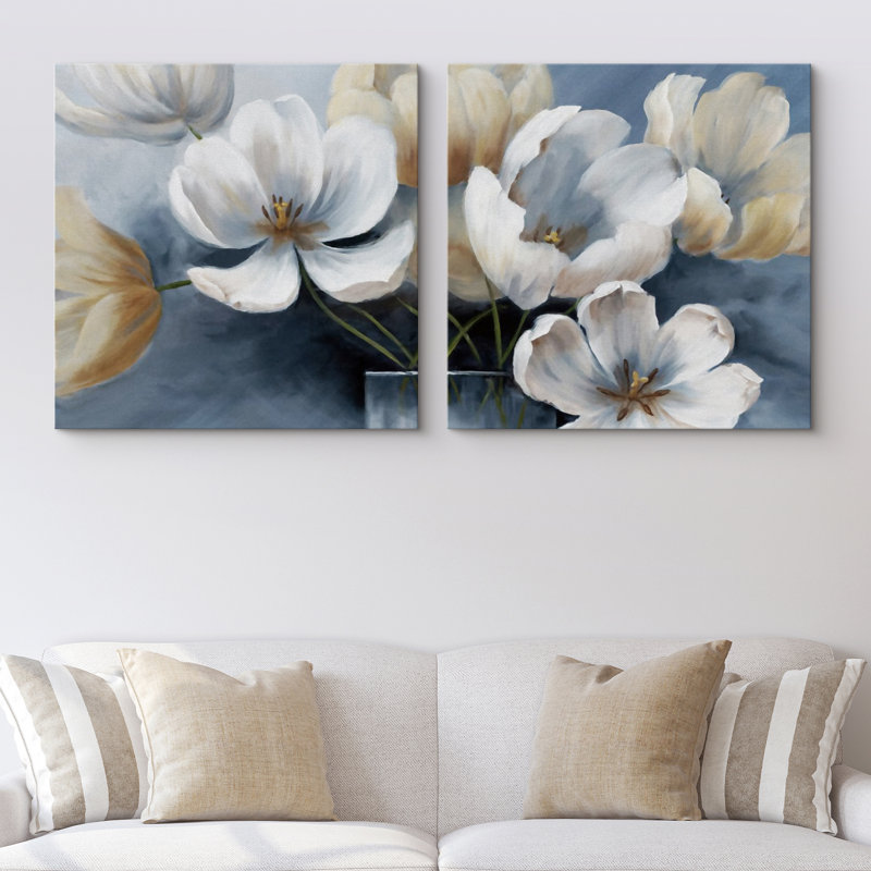 Modern Geometric Floral Canvas Wall Art Set in White and Beige