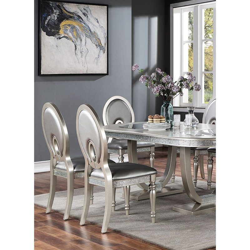 2 pièces de chaises d'appoint de salle à manger formelles argentées de style contemporain avec sièges rembourrés, dossier en forme de trou de serrure et siège de décor de carreaux de miroir, décorations