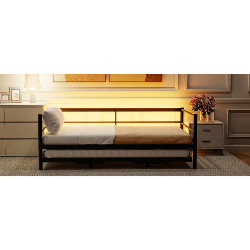 Lit de jour simple en métal noir avec couchette à DEL 7 couleurs et gigogne, style industriel, sans sommier tapissier, idéal pour les chambres d'amis à DEL télécommandées, fabrication solide réglable et durable