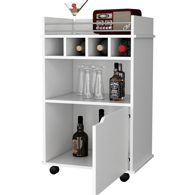Stylish White Bar Cart With Door, Bottle Holders, And Ample Storage For Parties 1-Door Cart, Sleek Shelf, White