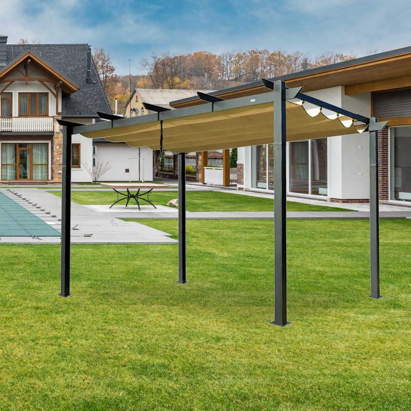 Aluminum Pergola with Canopy, 9.2 ft. W x 13.1 ft. D, Beige