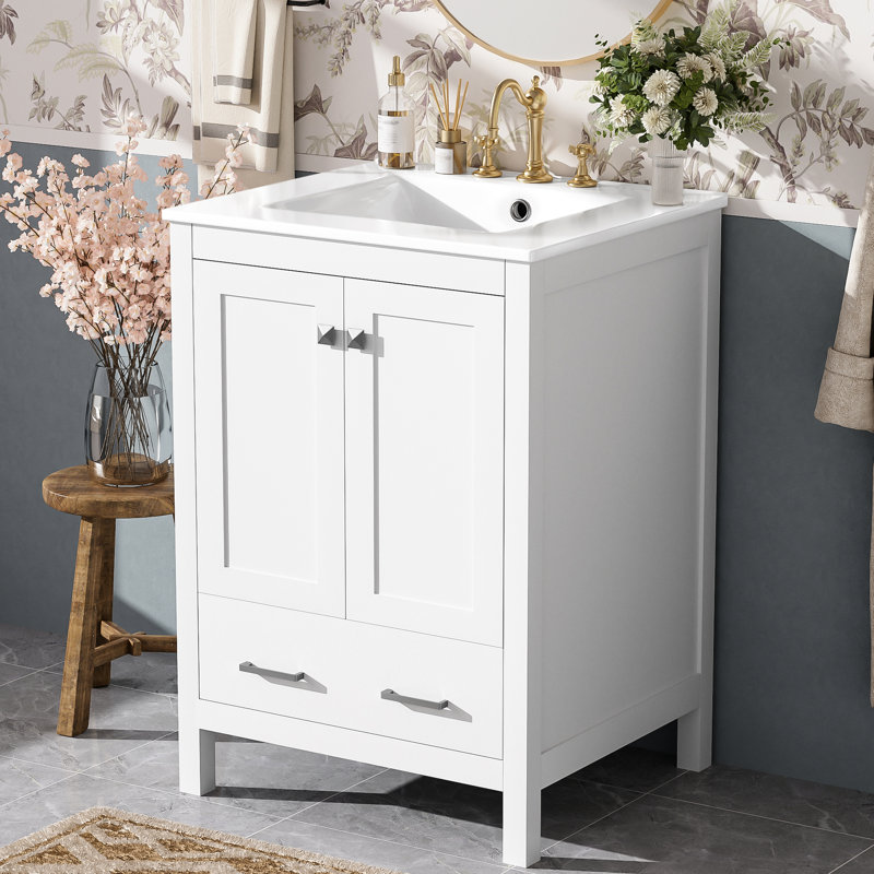 Meuble-lavabo de 24 pouces avec lavabo encastré intégré, deux portes, un tiroir, une tablette de porte à double couche, une conception à fermeture en douceur et un espace de fonctionnement silencieux pour les salles de bain d'invités