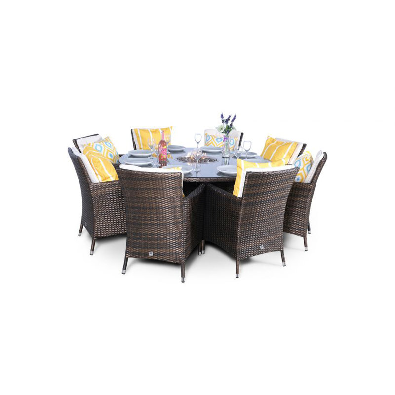 Pate 8 - Person Wicker Patio Dining Set with Round Table , Cushions Included, Beige, Brown