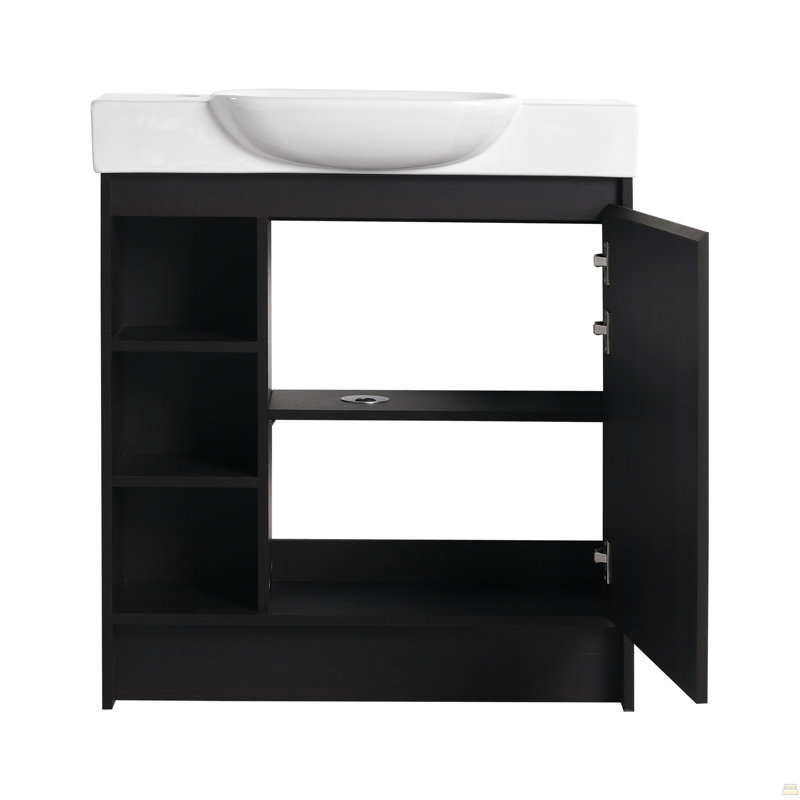 Meuble-lavabo autoportant de 30 po avec lavabo en céramique blanche et porte à fermeture en douceur, chêne foncé, contreplaqué, emballage KD