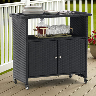 Bar Cart Portable Outdoor Table made of durable FE rattan with tempered glass table top by Lark Manor