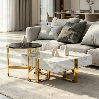 Ensemble de tables basses Luxury Gold Nesting, ensemble de tables basses en faux marbre blanc