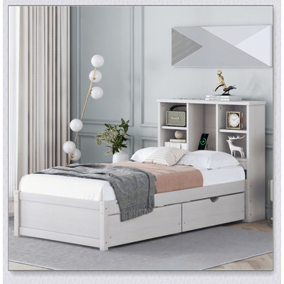 Bed Frame With Built-In USB Port On Bookcase Headboard And Drawers
