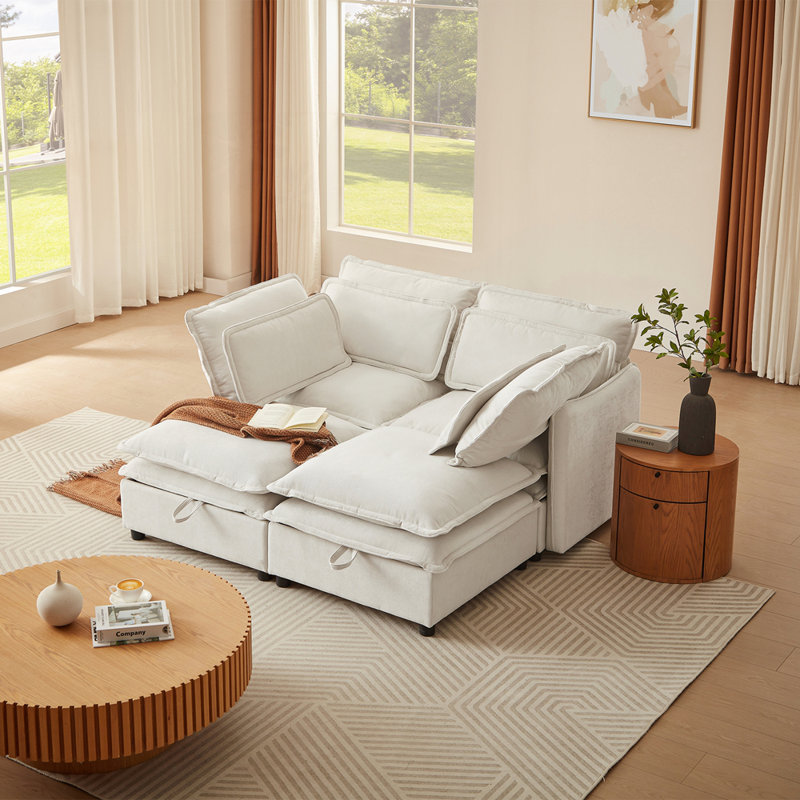 Versatile Double-Layer Cushion Sofa with Storage and Customizable Layout, Beige