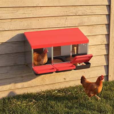 3-Compartment Roll-Away Chicken Nesting Box, Weatherproof Galvanized Steel Egg Laying Nest with Soft Pads, Wall Mount or Freestanding Poultry Box, Red