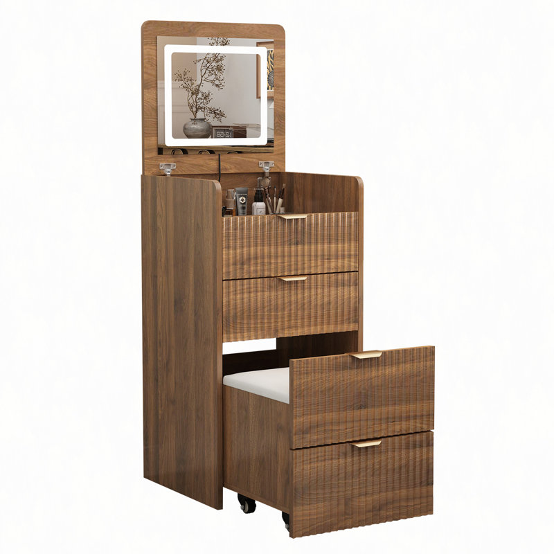 Meuble-lavabo 3 en 1 avec 3 tiroirs et tabouret roulant, meuble-lavabo compact avec miroir et lumières, petite coiffeuse moderne