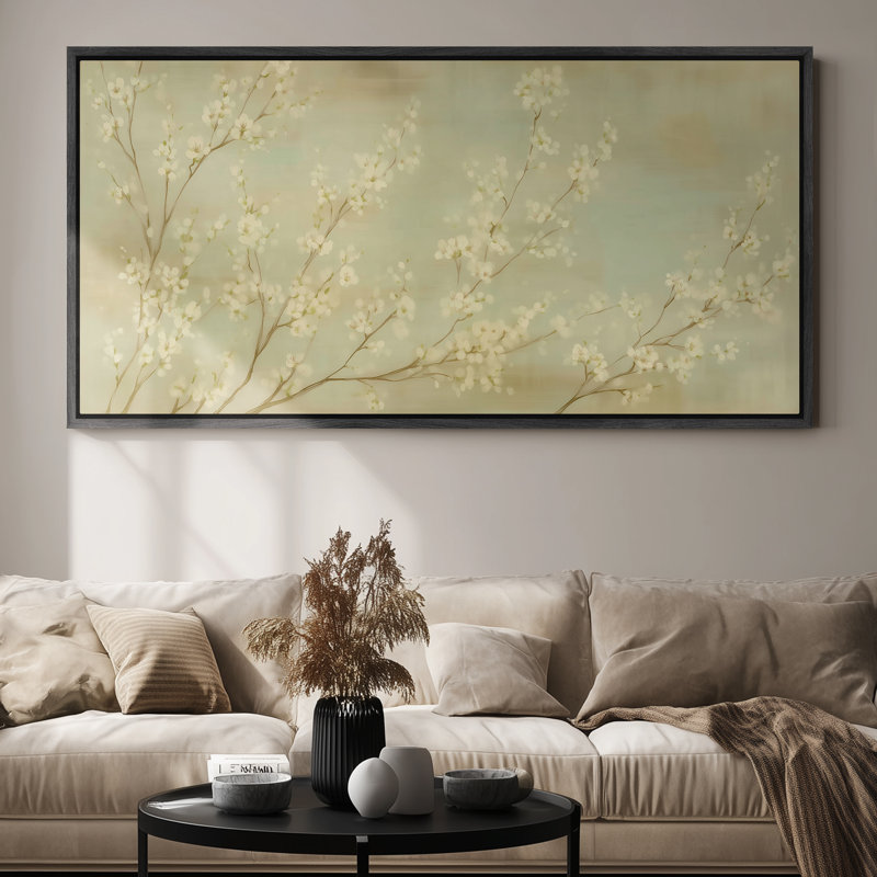 «Blooming Branches in Soft Spring Tones for Living Room», art mural, Noir, H 30 po x l 60 po
